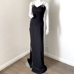Marcell Von Berlin Black M Logo Long Dress Side Slit Rhinestore Double Straps